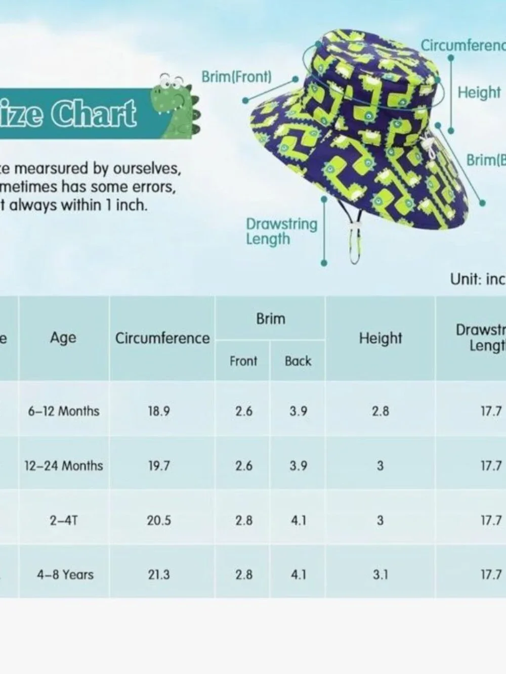 Dinosaur Baby Sun Hat, Outdoor Beach Swim Bucket Hat, Adjustable Wide Brim 1-2T